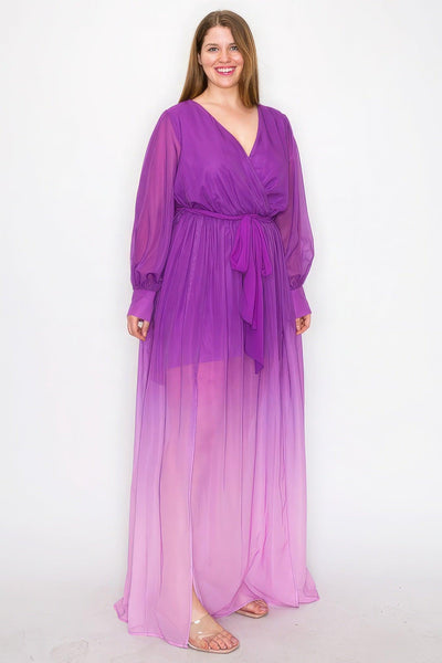 Ombre Chiffon Wrap Front Long Sleeve Tie Waist Slit Front Maxi Dress - AMIClubwear