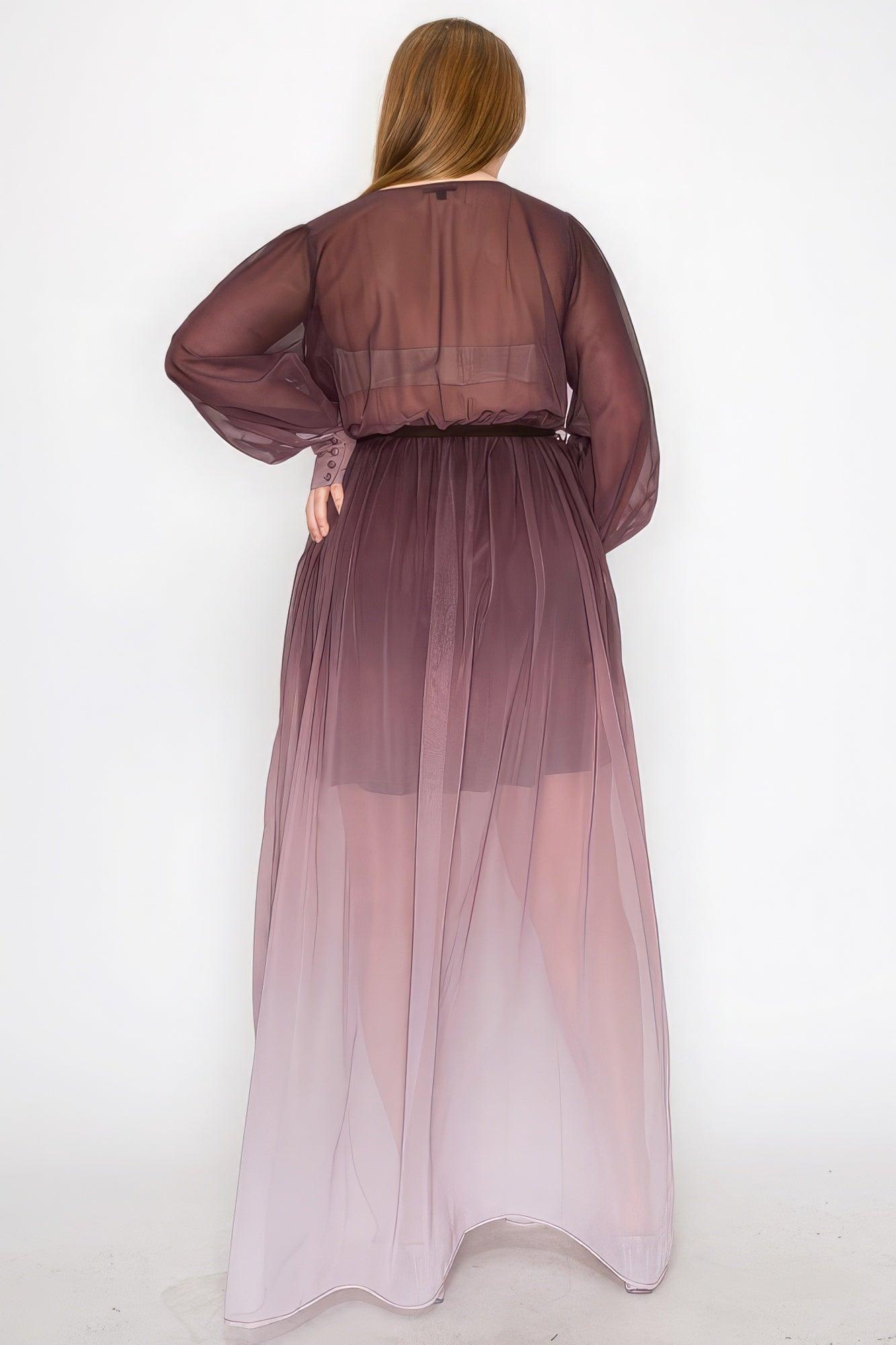 Ombre Chiffon Wrap Front Long Sleeve Tie Waist Slit Front Maxi Dress - AMIClubwear