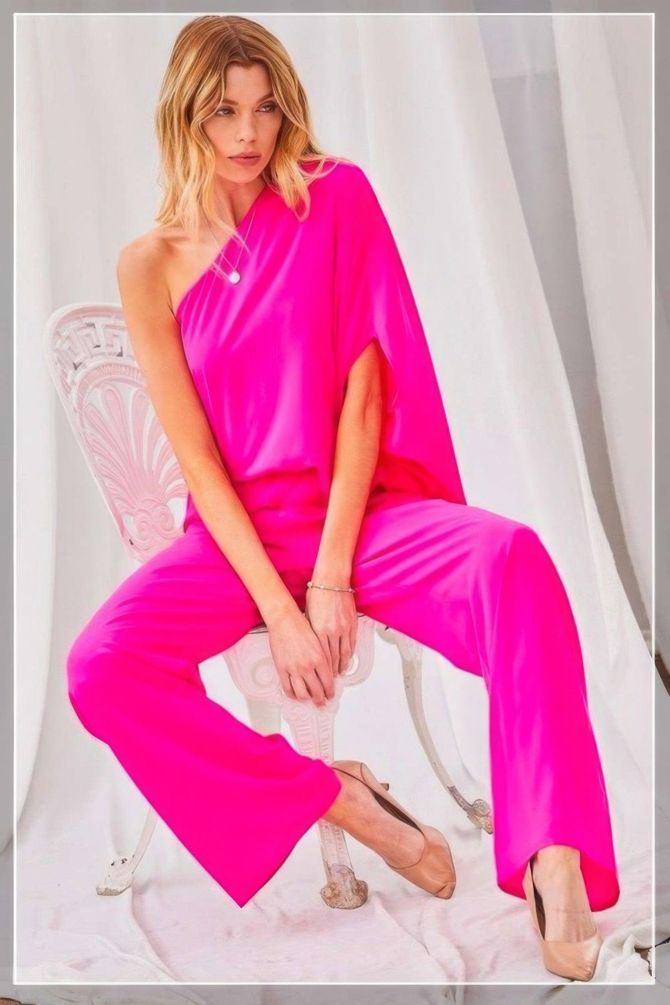 One Shoulder 3/4 Sleeve Unbalanced Waist Elastic Solid Pants Jumpsuit - AMIClubwear