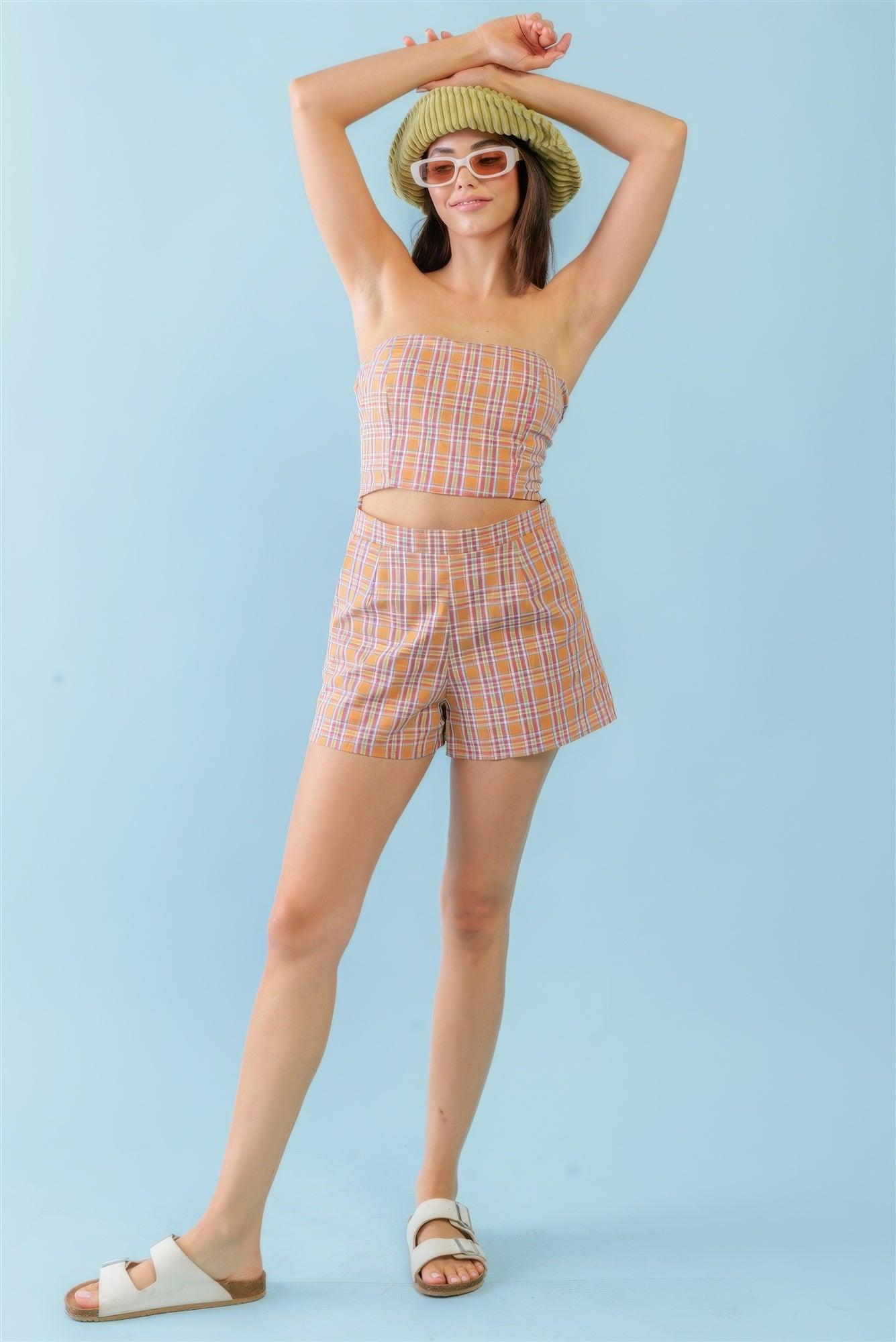 Orange & Aqua Plaid Print Cotton Strapless Crop Top & High Waist Two Pocket Shorts Set - AMIClubwear