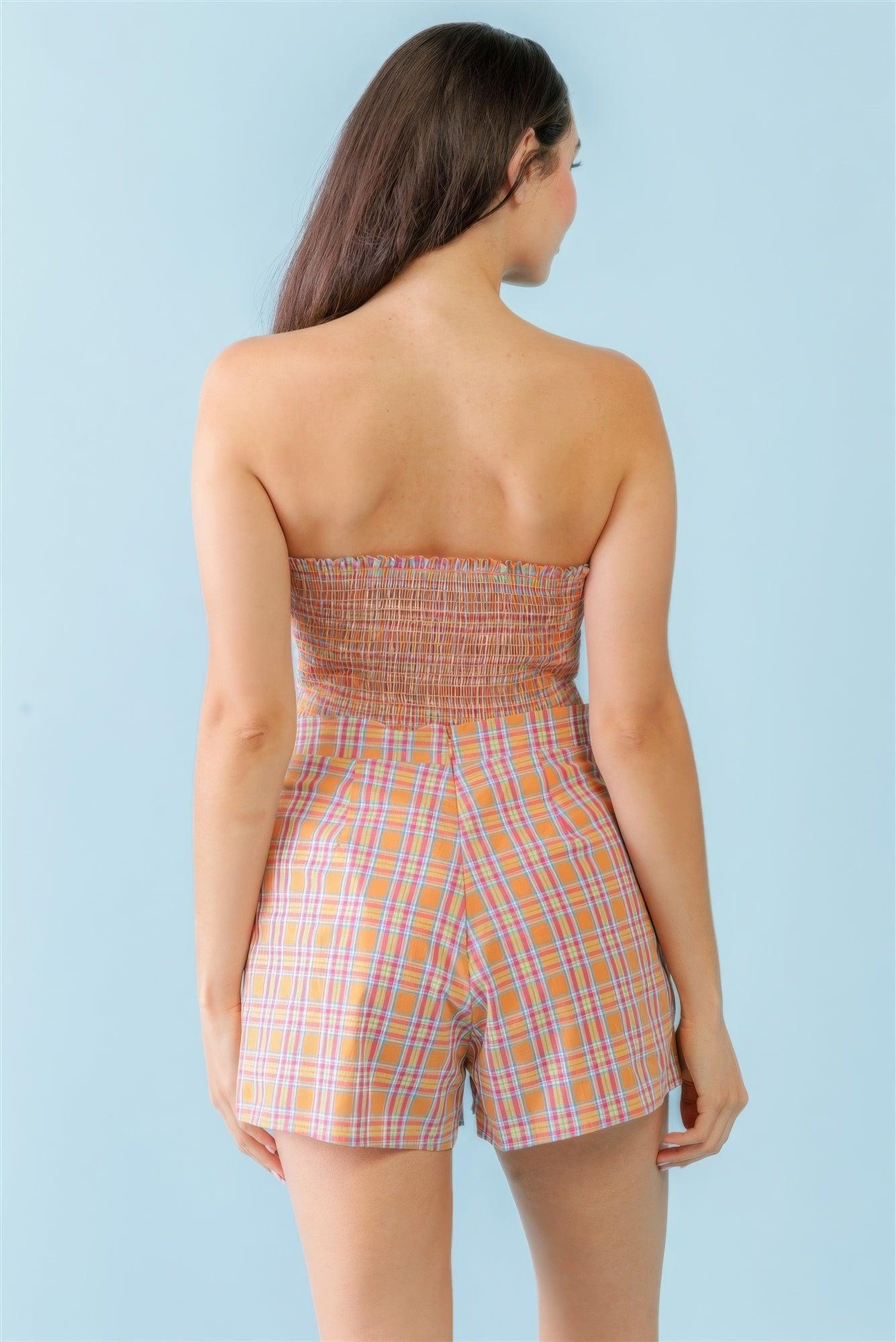 Orange & Aqua Plaid Print Cotton Strapless Crop Top & High Waist Two Pocket Shorts Set - AMIClubwear