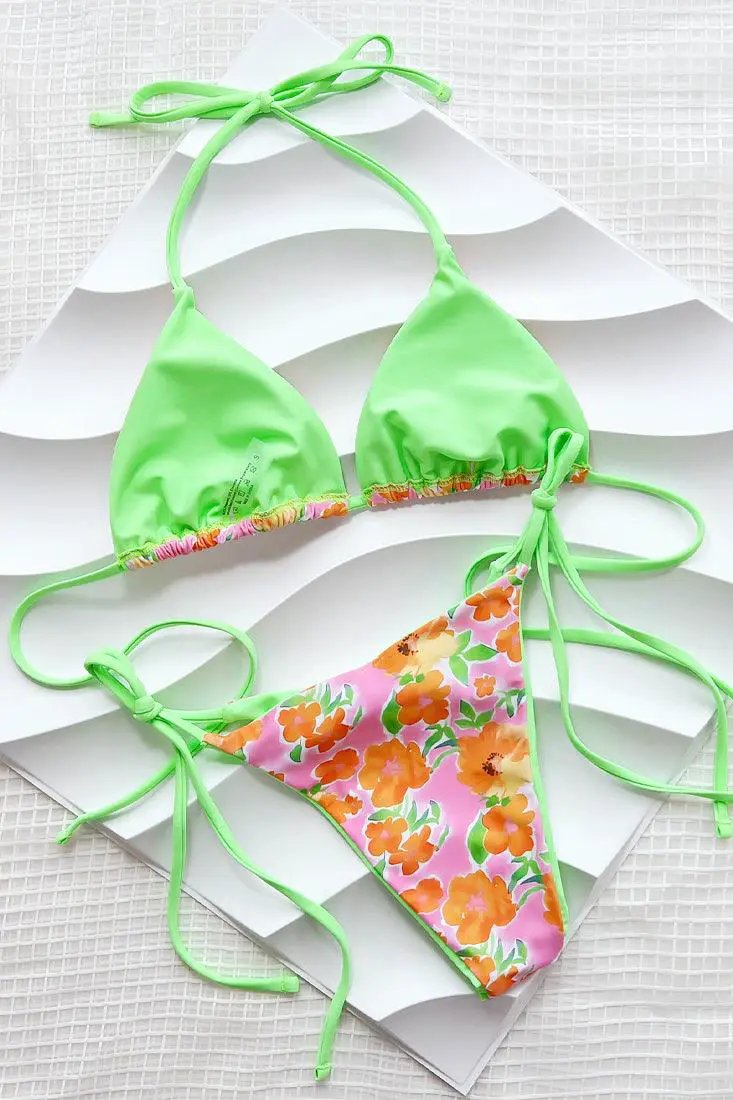 Orange Floral Lime Reversible Triangle Cheeky 2Pc Swimsuit Set