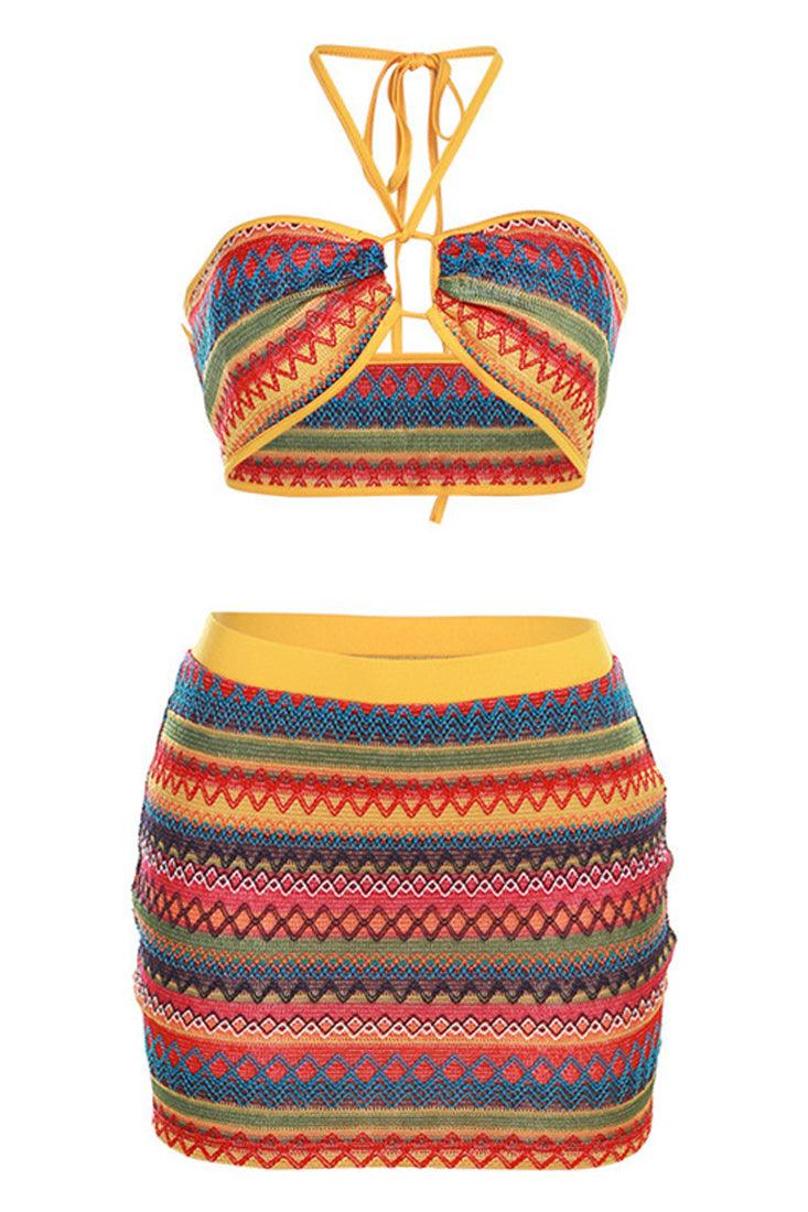 Orange Multi Aztec Crochet Two Piece Halter Dress Outfit - AMIClubwear