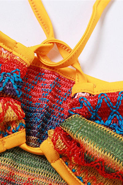 Orange Multi Aztec Crochet Two Piece Halter Dress Outfit - AMIClubwear
