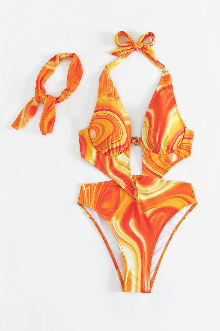 Orange Print Wired Halter Twist Monokini Scarf Cover-Up 2Pc Swimsuit Set - AMIClubwear