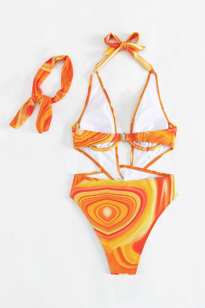 Orange Print Wired Halter Twist Monokini Scarf Cover-Up 2Pc Swimsuit Set - AMIClubwear