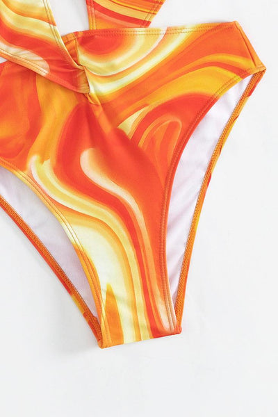 Orange Print Wired Halter Twist Monokini Scarf Cover-Up 2Pc Swimsuit Set - AMIClubwear