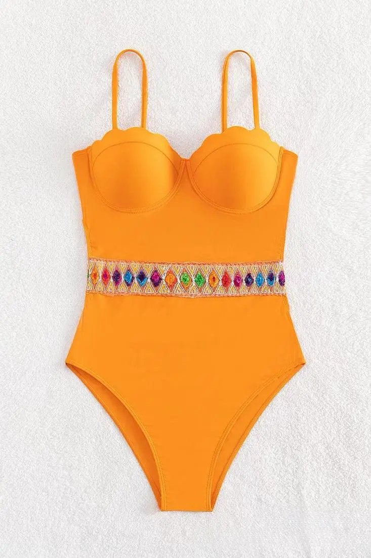 Orange Push-Up Cup Multi Rhinestone Belt Sexy 1Pc Swimsuit Monokini