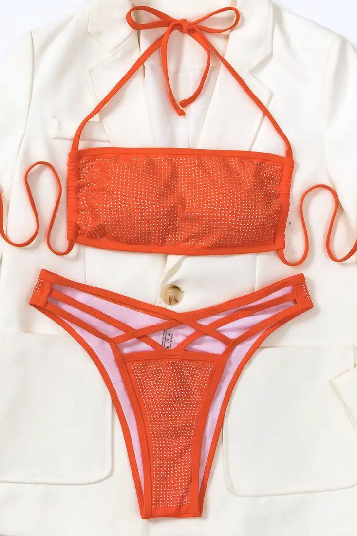 Orange Rhinestone Covered Strappy Cut Out 2 Pc Sexy Swimsuit Set Bikini