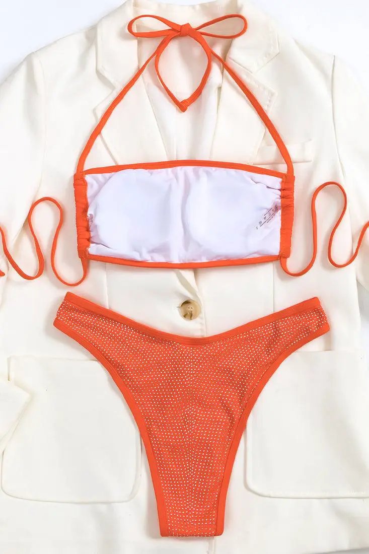 Orange Rhinestone Covered Strappy Cut Out 2 Pc Sexy Swimsuit Set Bikini