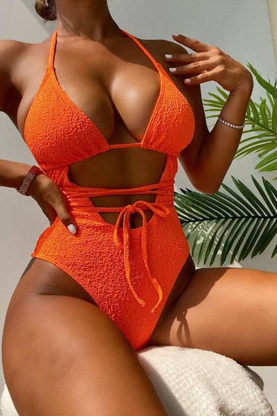 Orange Strappy Cut Out 1 Pc Swimsuit Monokini - AMIClubwear