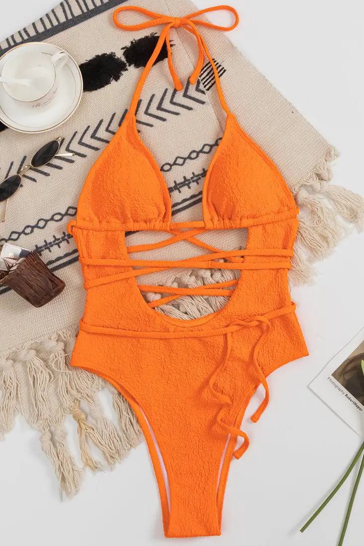 Orange Strappy Cut Out 1 Pc Sexy Swimsuit Monokini