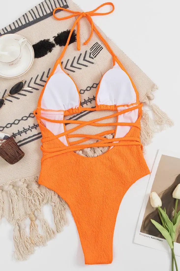 Orange Strappy Cut Out 1 Pc Sexy Swimsuit Monokini