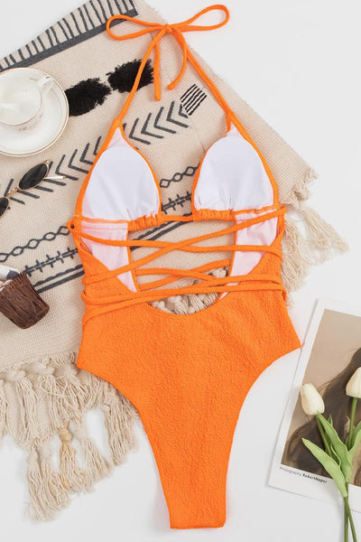 Orange Strappy Cut Out 1 Pc Swimsuit Monokini - AMIClubwear