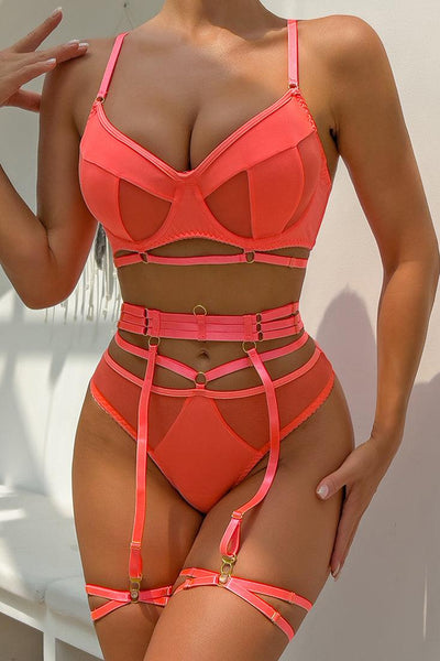 Orange Strappy Mesh Cut-Out Garter Belt Thong Bra 5Pc Sexy Lingerie Set - AMIClubwear