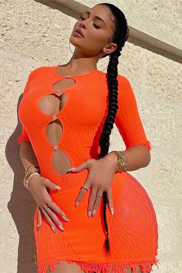 Orange Stretchy Mesh Cut Out Heart Rhinestone Dress - AMIClubwear