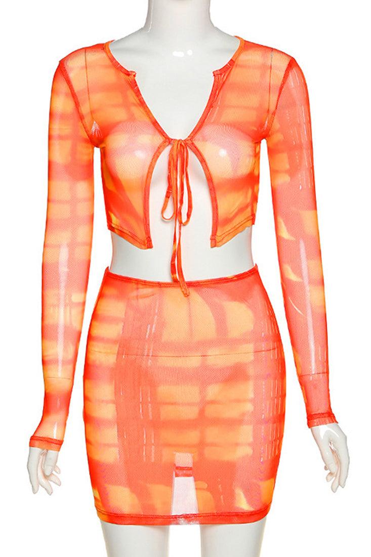 Orange Yellow Tie Dye 2pc Skirt Long Sleeve Coverup Outfit - AMIClubwear