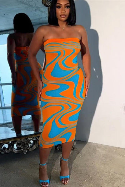 Orange Multi Printed Strapless Fitted Sexy Midi Dress