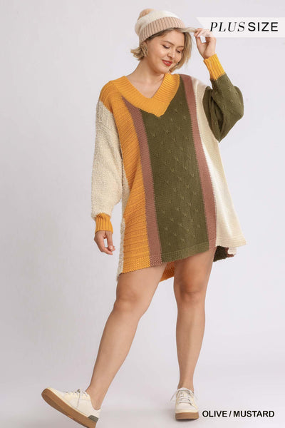 Oversized Multicolor Bouclé V-neck Pullover Sweater Dress With Side Slit - AMIClubwear