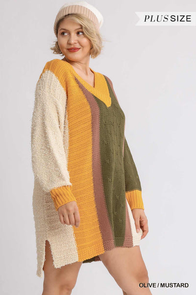 Oversized Multicolor Bouclé V-neck Pullover Sweater Dress With Side Slit - AMIClubwear