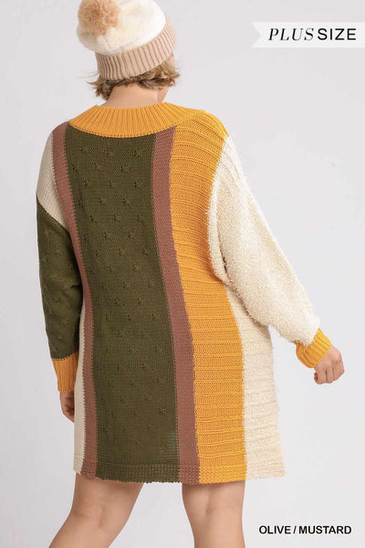 Oversized Multicolor Bouclé V-neck Pullover Sweater Dress With Side Slit - AMIClubwear