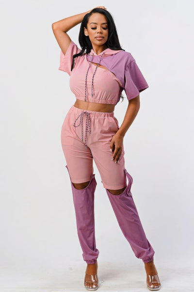 Pants Set In Color Block With Hoodie And Detachable Bottom Part - AMIClubwear