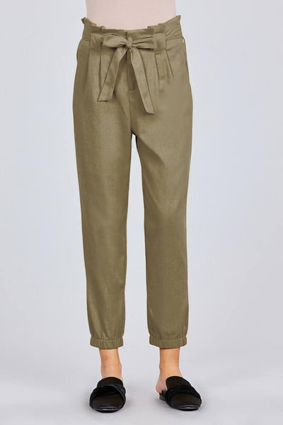 Paperbag W/bow Tie Elastic Hem Long Linen Pants - AMIClubwear