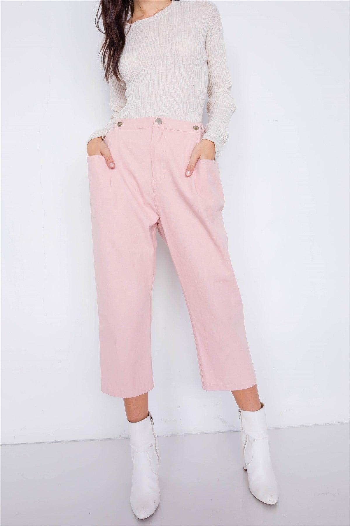 Pastel Chic Solid Ankle Wide Leg Adjustable Snap Waist Pants - AMIClubwear