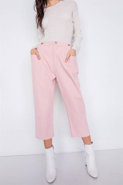 Pastel Chic Solid Ankle Wide Leg Adjustable Snap Waist Pants - AMIClubwear