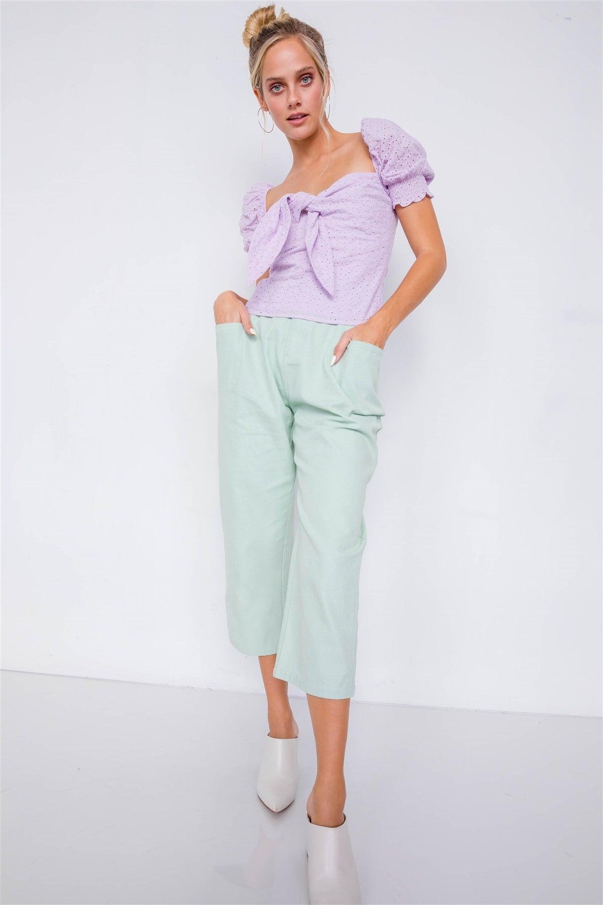 Pastel Chic Solid Ankle Wide Leg Adjustable Snap Waist Pants - AMIClubwear