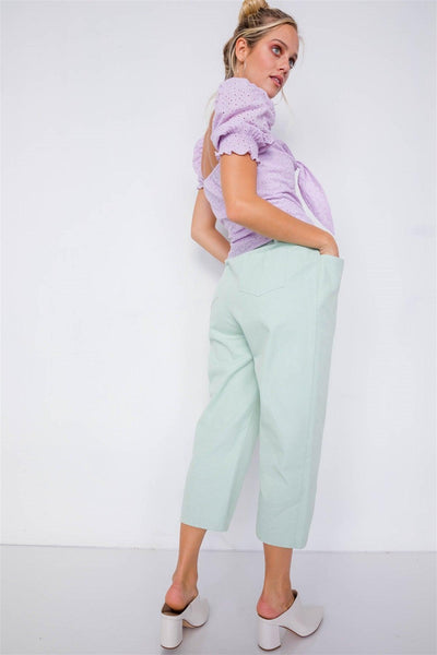 Pastel Chic Solid Ankle Wide Leg Adjustable Snap Waist Pants - AMIClubwear