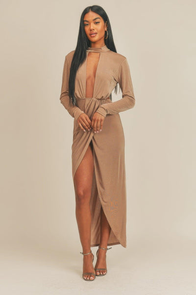 Pecan Brown Open Front Dress - AMIClubwear