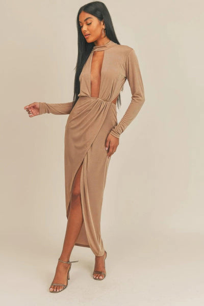 Pecan Brown Open Front Dress - AMIClubwear