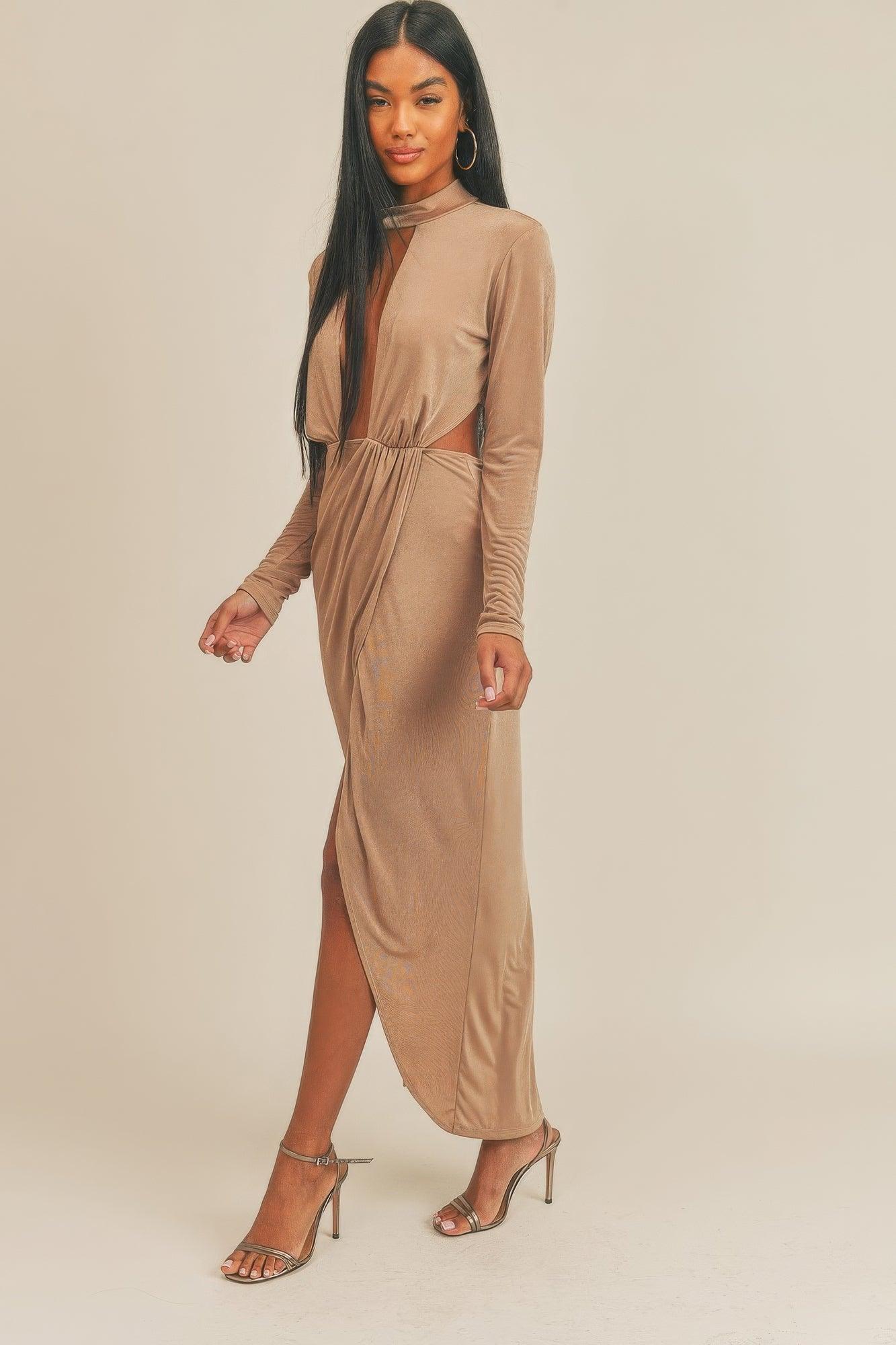 Pecan Brown Open Front Dress - AMIClubwear