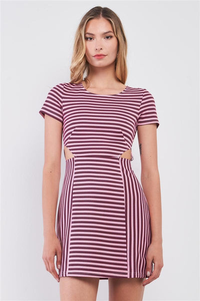 Pink & Black Striped Short Sleeve Cut-out Detail Tight Fit Mini Dress - AMIClubwear