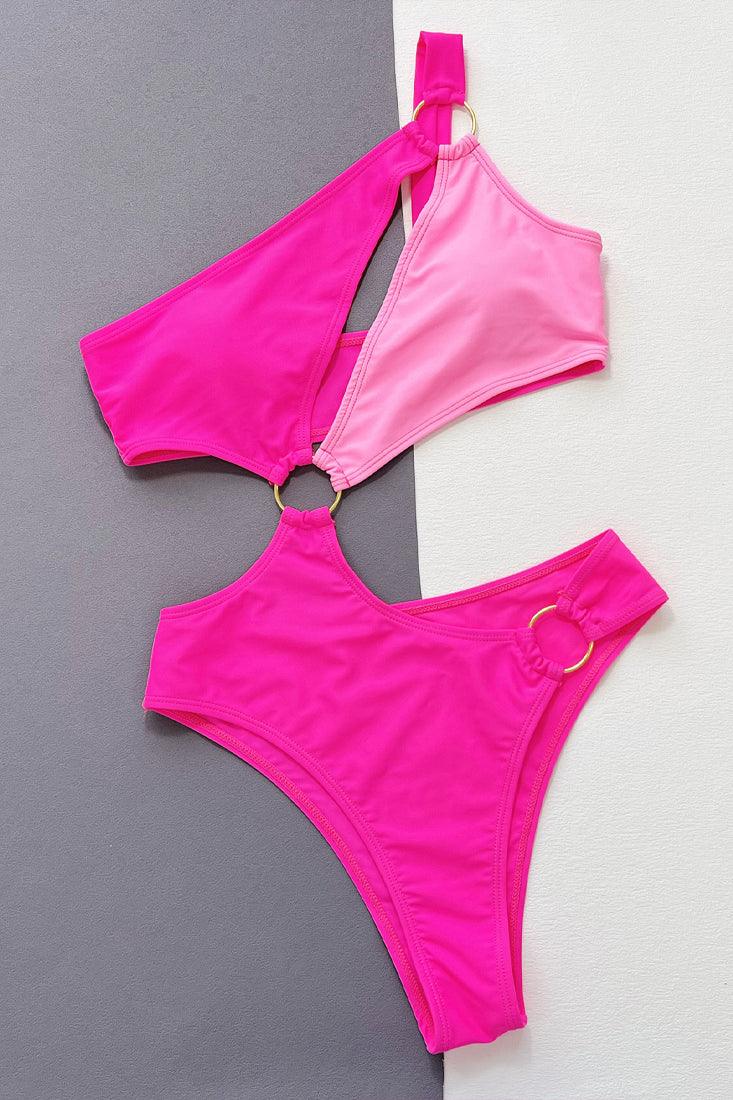Pink Color Block One Shoulder Ring 1pc Cut Out Monokini Swimsuit - AMIClubwear