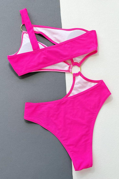 Pink Color Block One Shoulder Ring 1pc Cut Out Monokini Swimsuit - AMIClubwear