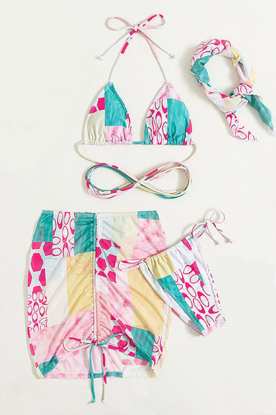 Pink Designer Print 4 Piece Triangle String Cover Up Head Scarf Swimsuit Set - AMIClubwear