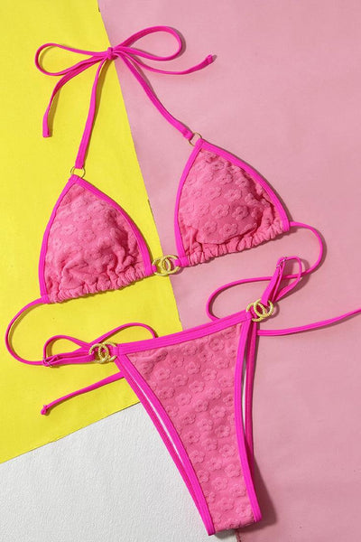 Pink Flower Terry Cloth Designer Buckle Ultra Cheeky 2Pc Bikini Swimsuit - AMIClubwear