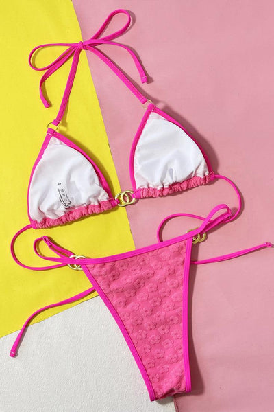Pink Flower Terry Cloth Designer Buckle Ultra Cheeky 2Pc Bikini Swimsuit - AMIClubwear