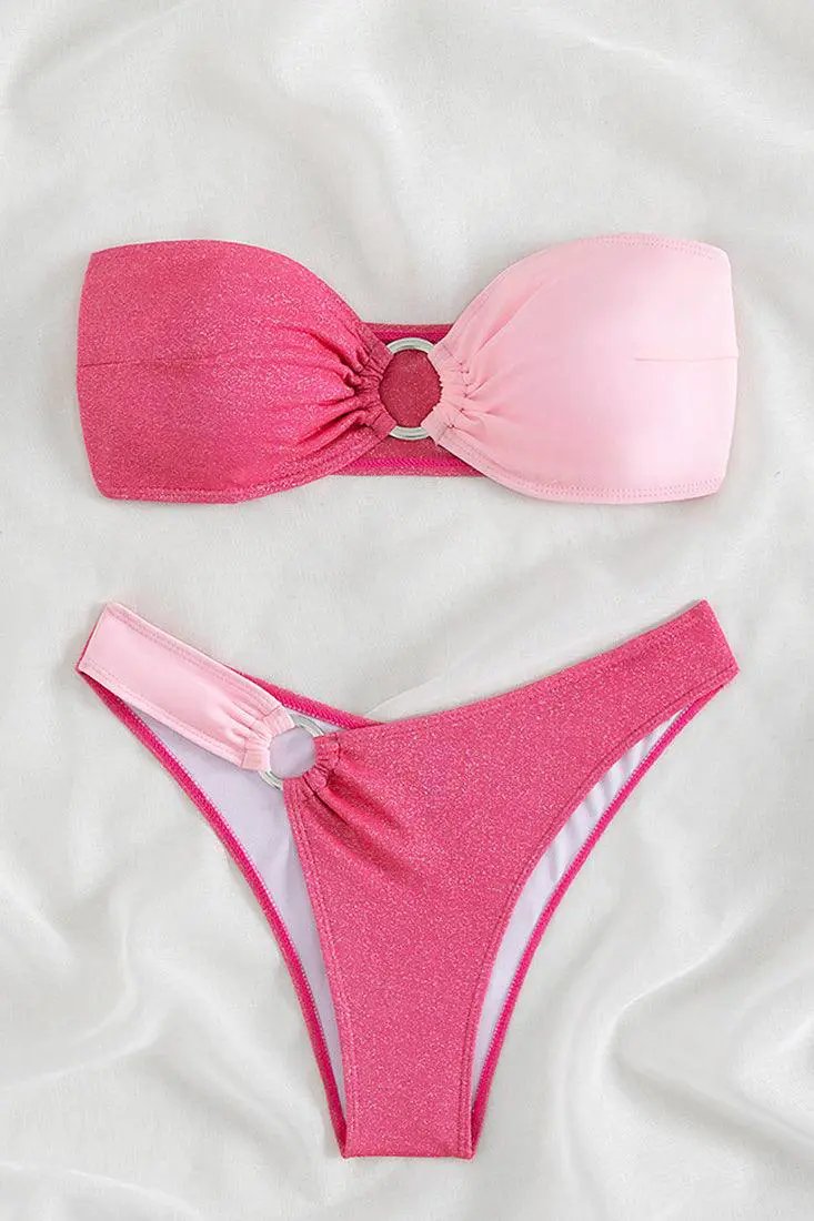 Pink Glitter O-RIng Bandeau Cheeky 2Pc Sexy Swimsuit Set Bikini