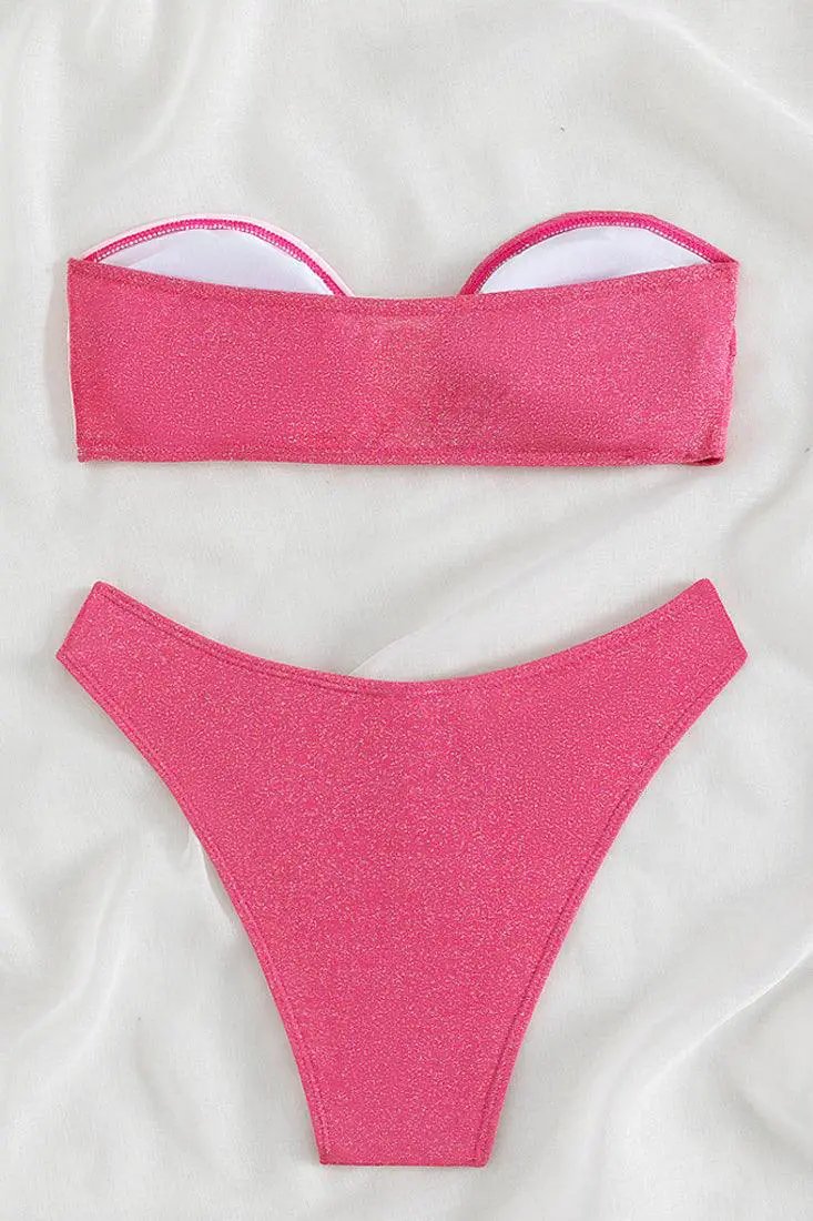 Pink Glitter O-RIng Bandeau Cheeky 2Pc Sexy Swimsuit Set Bikini