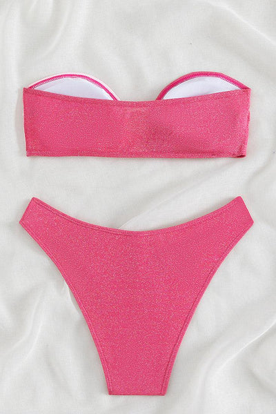 Pink Glitter O-RIng Bandeau Cheeky 2Pc Sexy Swimsuit Set Bikini - AMIClubwear