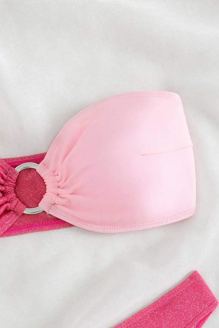 Pink Glitter O-RIng Bandeau Cheeky 2Pc Sexy Swimsuit Set Bikini