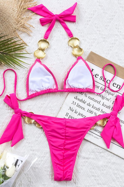 Pink Gold Sea Shell Side Tie Triangle Cheeky Ruched Bottom 2 Pc Swimsuit Bikini - AMIClubwear
