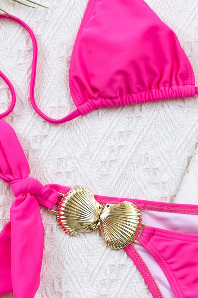 Pink Gold Sea Shell Side Tie Triangle Cheeky Ruched Bottom 2 Pc Swimsuit Bikini - AMIClubwear