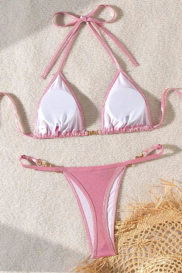 Pink Holographic Metallic Designer Pearl Buckle Thong Sexy 2Pc Swimsuit Bikini