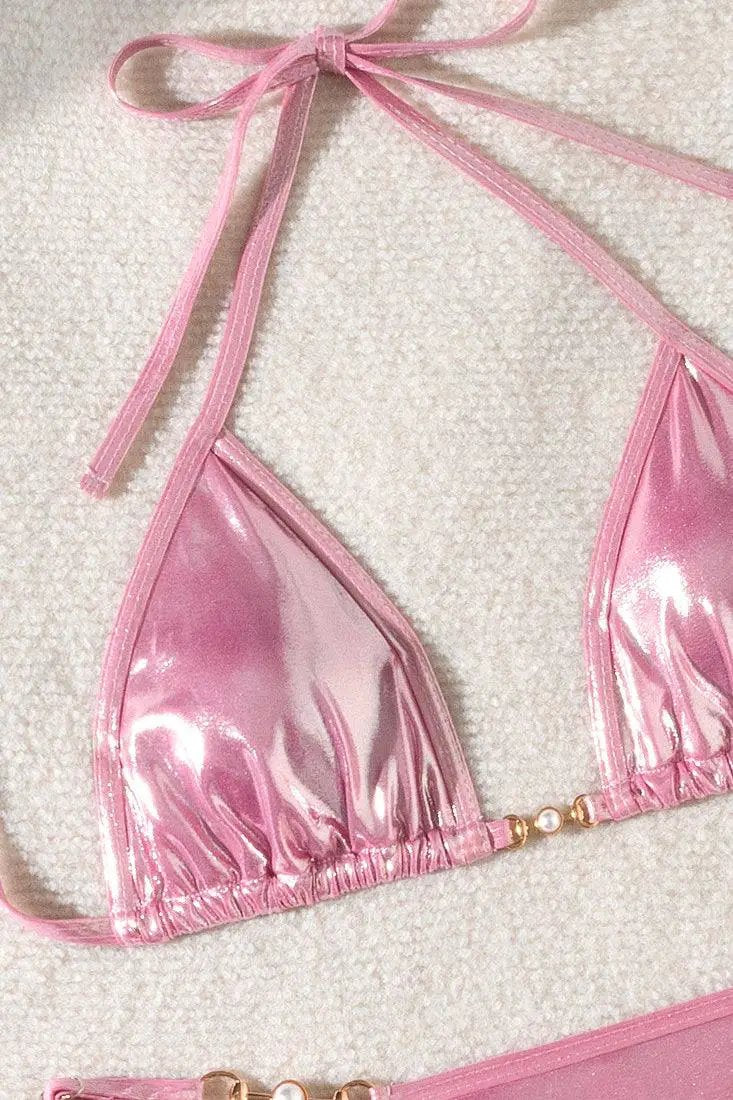 Pink Holographic Metallic Designer Pearl Buckle Thong Sexy 2Pc Swimsuit Bikini