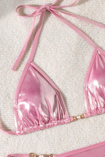 Pink Holographic Metallic Designer Pearl Buckle Thong Sexy 2Pc Swimsuit Bikini - AMIClubwear