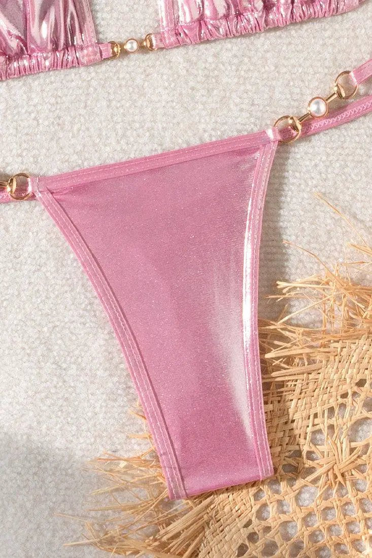 Pink Holographic Metallic Designer Pearl Buckle Thong Sexy 2Pc Swimsuit Bikini
